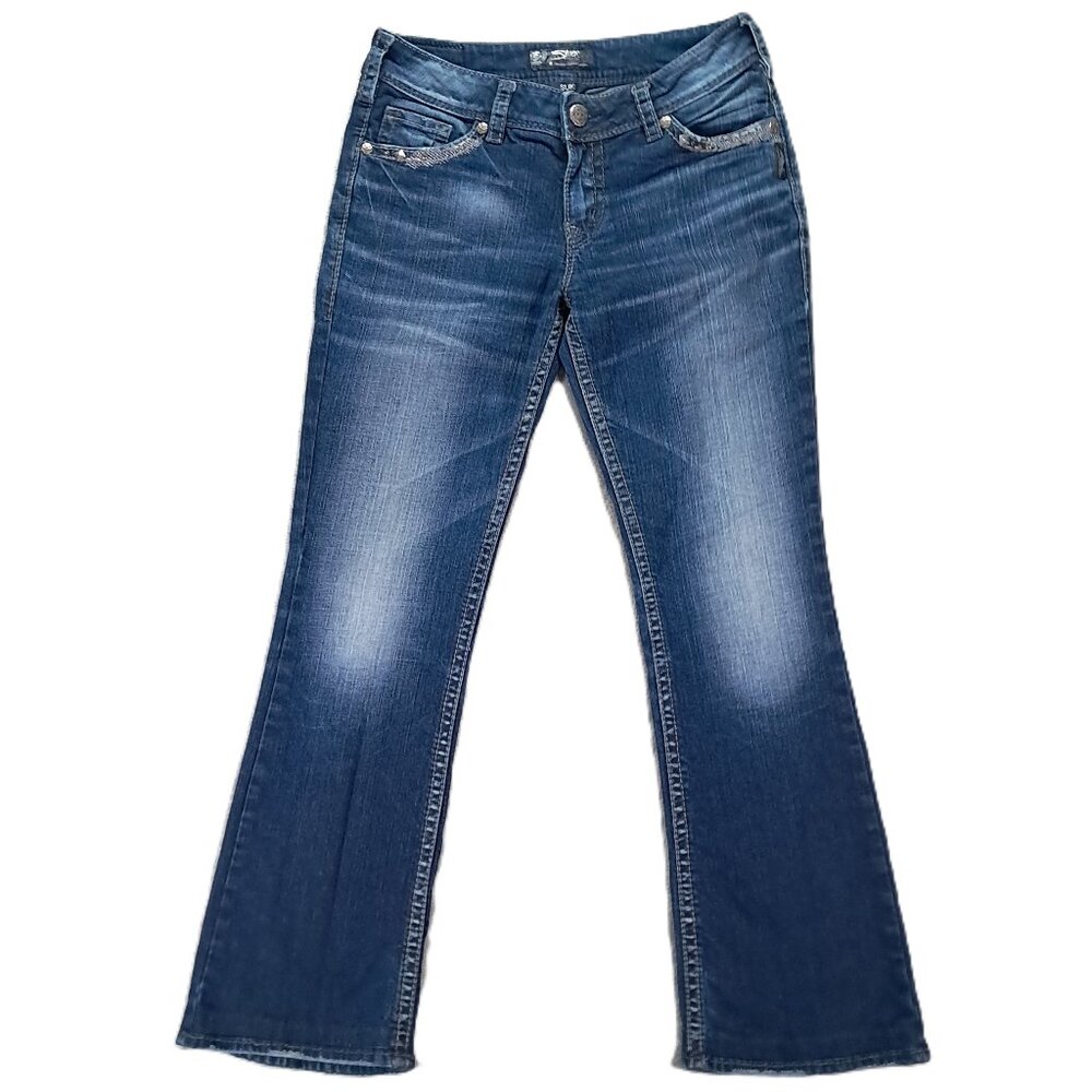 Silver Suki Jean Women 32x30, Tag 29x33 Mid Boot Blue Embellished Flaps Distress